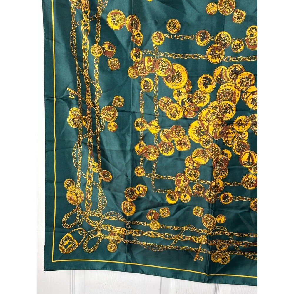 Ladies Scarf Gold Coin Design 100% Polyester 35in Square Deep Emerald Green - Picture 5 of 6